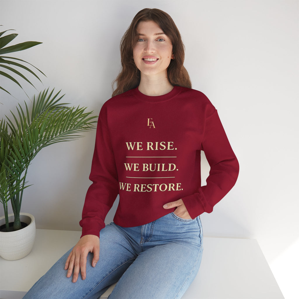 WE RISE. WE BUILD. WE RESTORE. – Premium Oversized Christian Crewneck | EKMA Collection