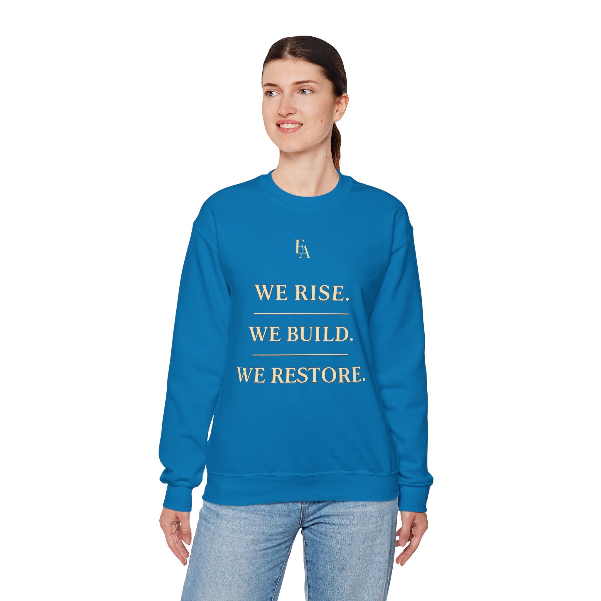 WE RISE. WE BUILD. WE RESTORE. – Premium Oversized Christian Crewneck | EKMA Collection