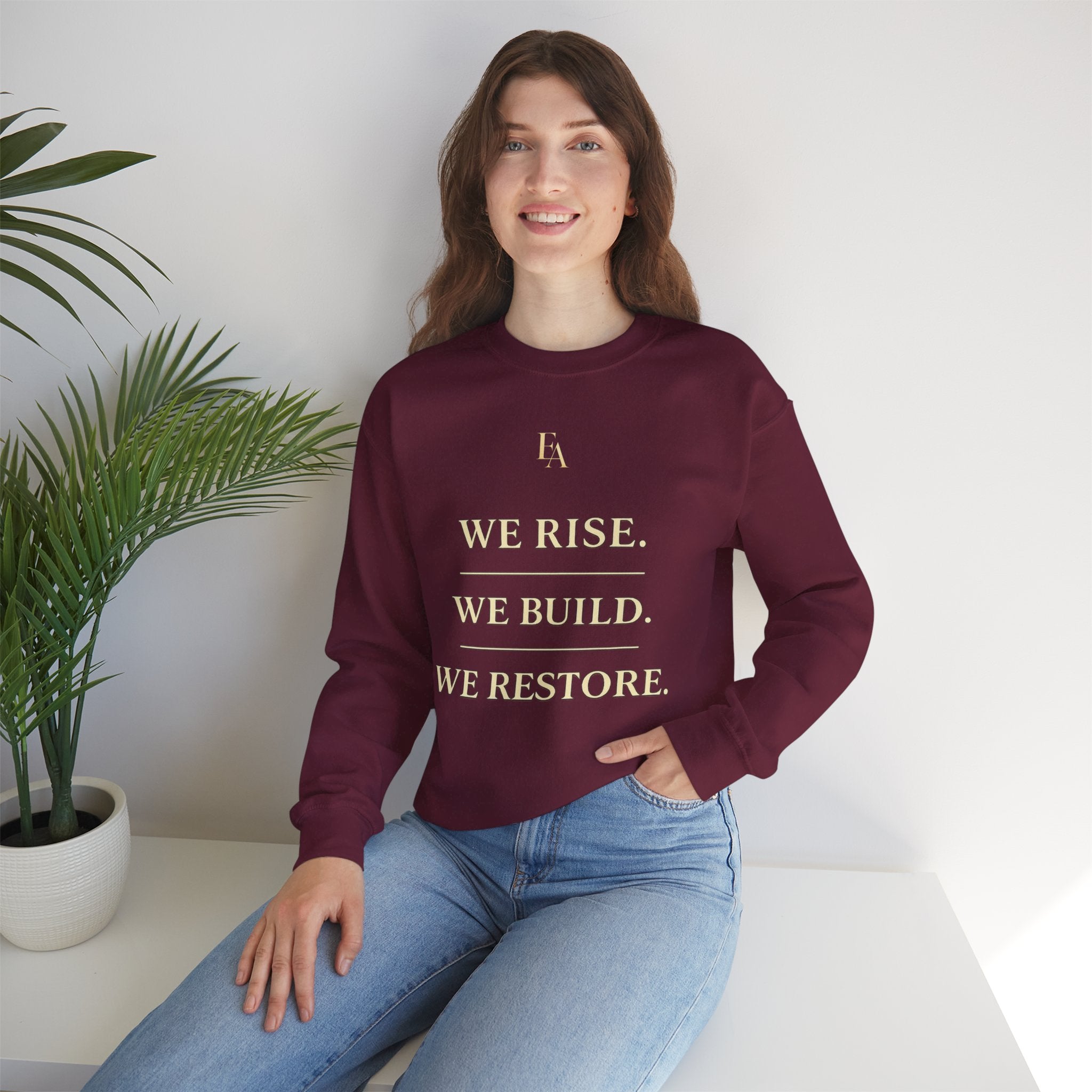 WE RISE. WE BUILD. WE RESTORE. – Premium Oversized Christian Crewneck | EKMA Collection