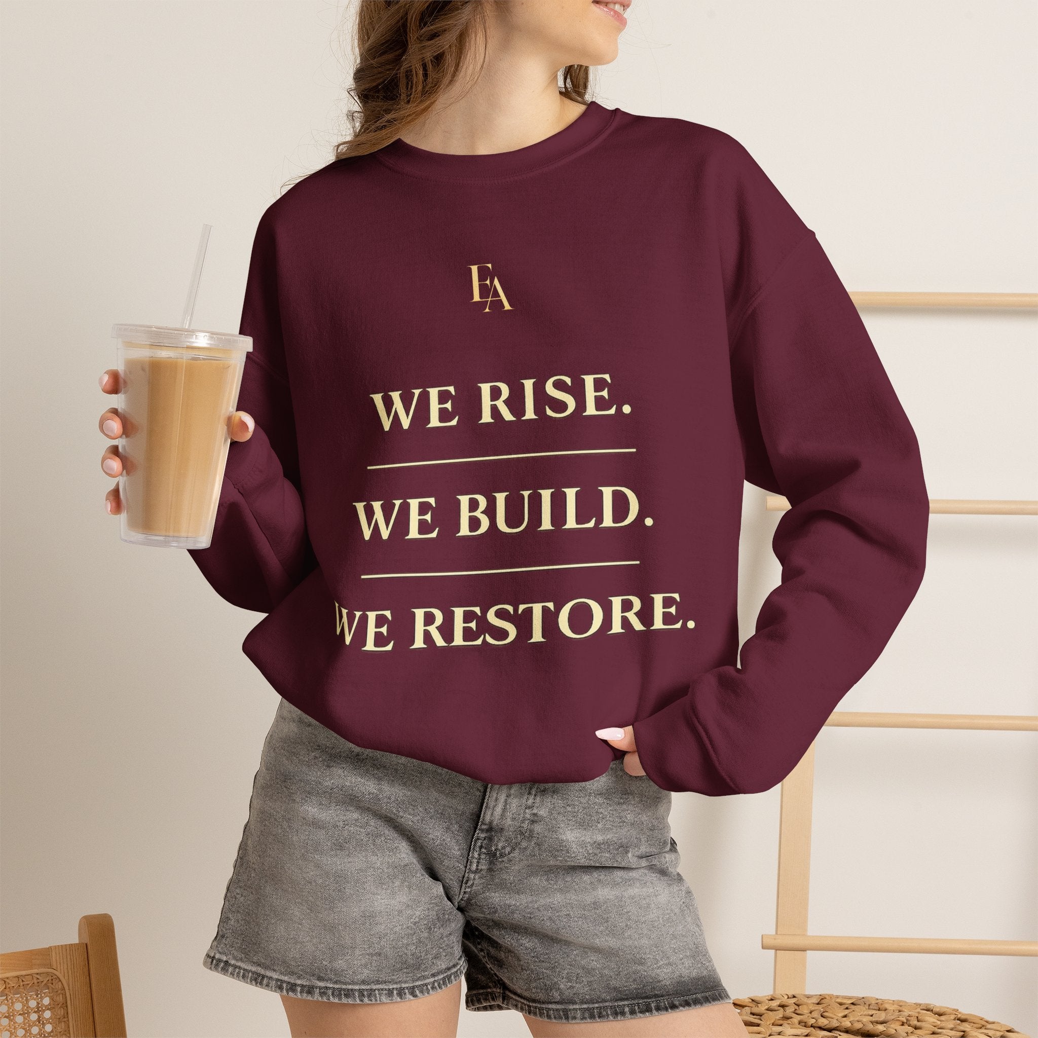 WE RISE. WE BUILD. WE RESTORE. – Premium Oversized Christian Crewneck | EKMA Collection