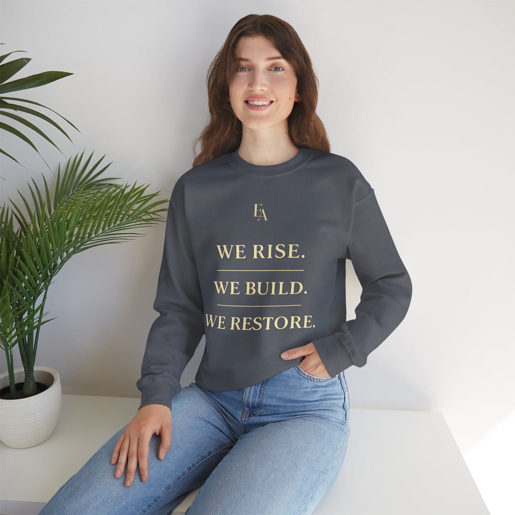 WE RISE. WE BUILD. WE RESTORE. – Premium Oversized Christian Crewneck | EKMA Collection