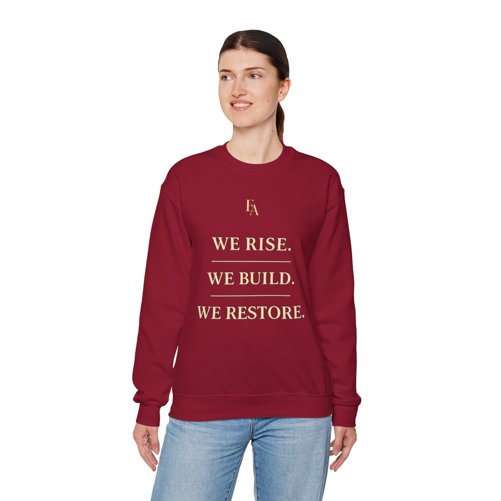 WE RISE. WE BUILD. WE RESTORE. – Premium Oversized Christian Crewneck | EKMA Collection