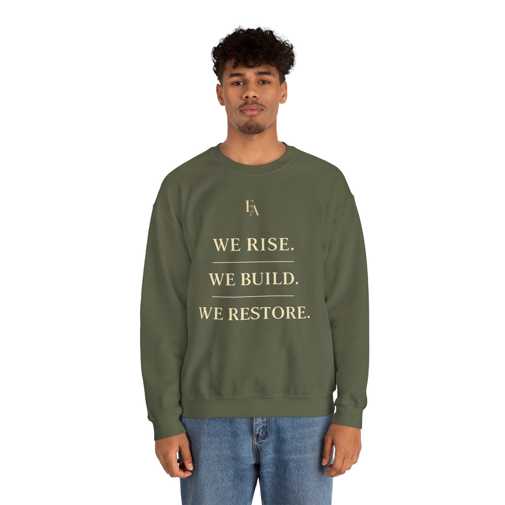 WE RISE. WE BUILD. WE RESTORE. – Premium Oversized Christian Crewneck | EKMA Collection