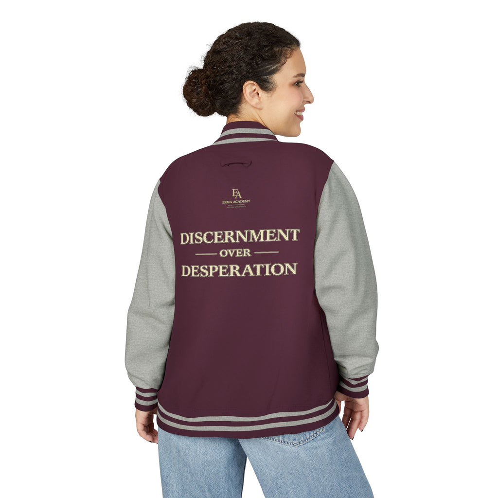 Discernment Over Desperation – Unisex Heavyweight Letterman Jacket | EKMA Academy Kingdom Streetwear