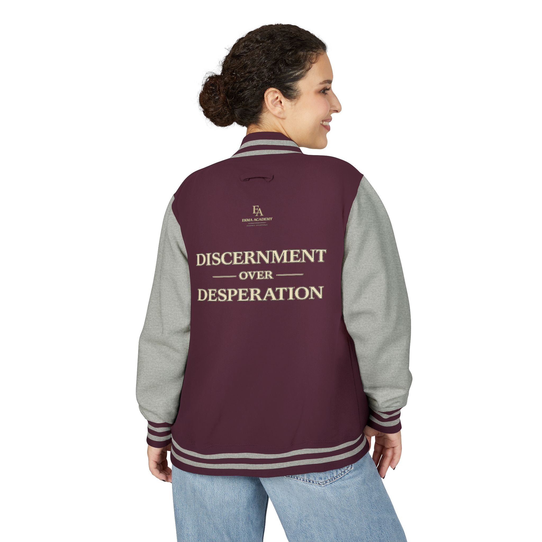 Discernment Over Desperation – Unisex Heavyweight Letterman Jacket | EKMA Academy Kingdom Streetwear