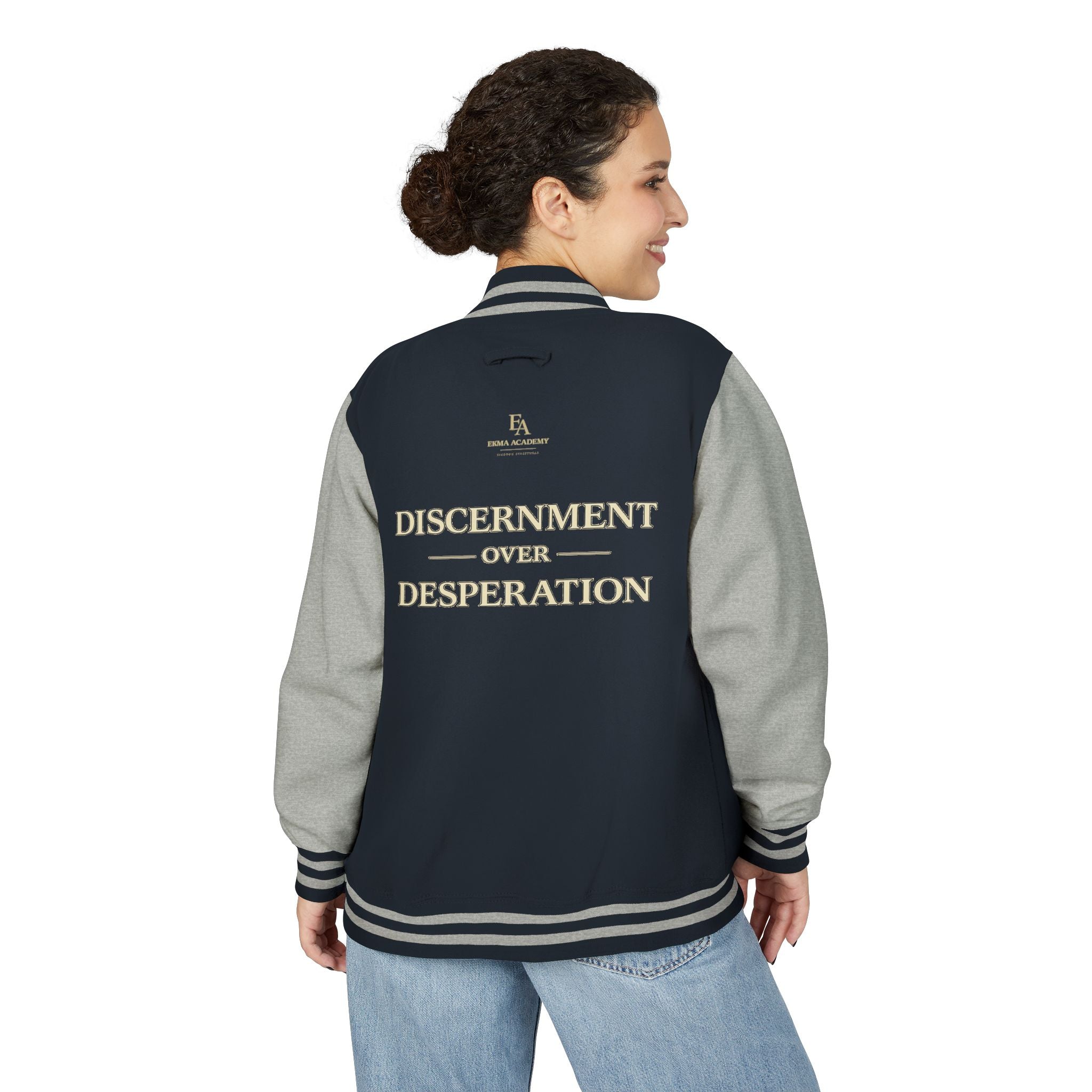 Discernment Over Desperation – Unisex Heavyweight Letterman Jacket | EKMA Academy Kingdom Streetwear