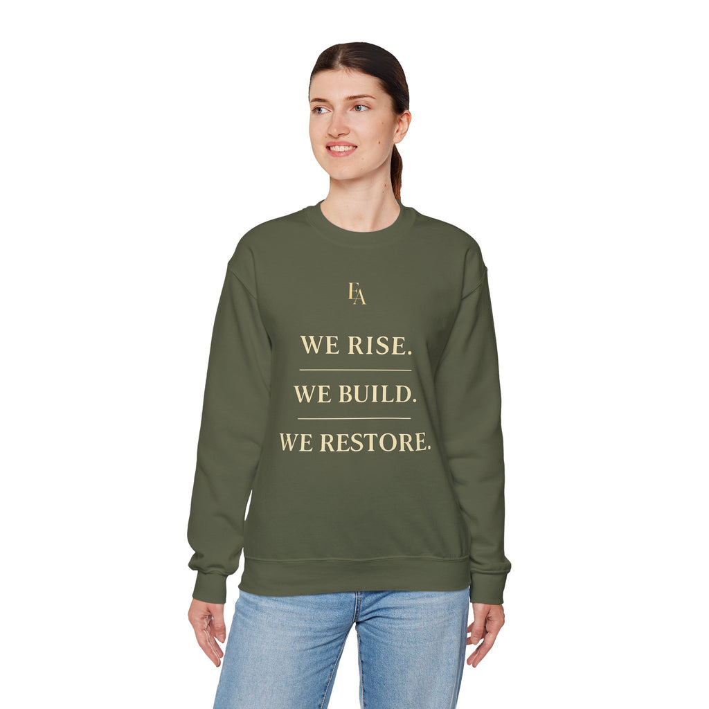 WE RISE. WE BUILD. WE RESTORE. – Premium Oversized Christian Crewneck | EKMA Collection