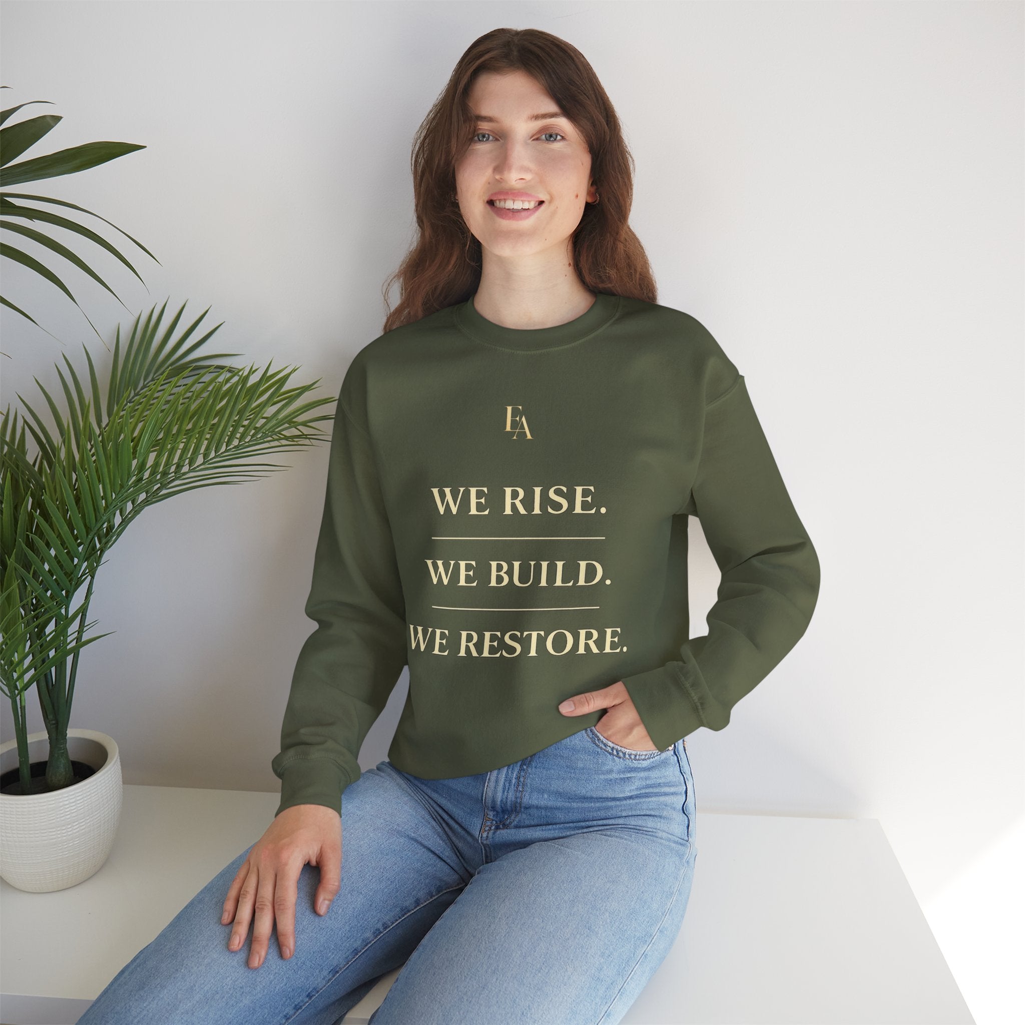 WE RISE. WE BUILD. WE RESTORE. – Premium Oversized Christian Crewneck | EKMA Collection