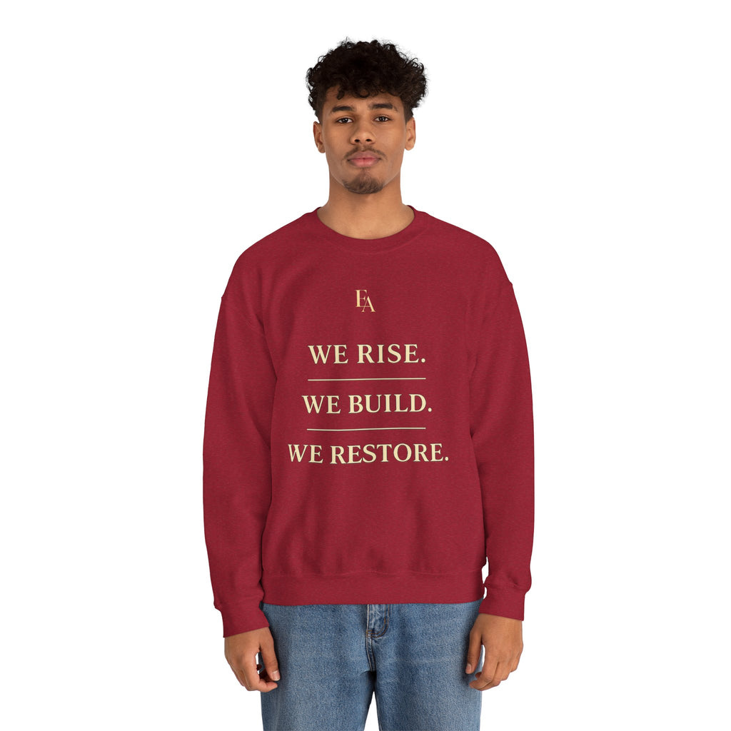 WE RISE. WE BUILD. WE RESTORE. – Premium Oversized Christian Crewneck | EKMA Collection