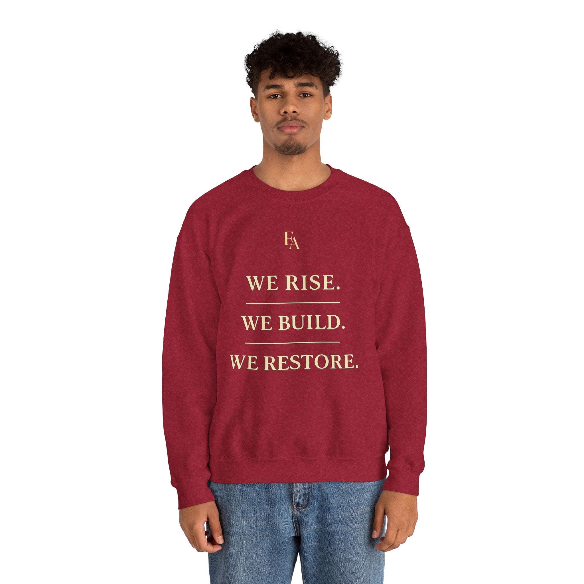 WE RISE. WE BUILD. WE RESTORE. – Premium Oversized Christian Crewneck | EKMA Collection