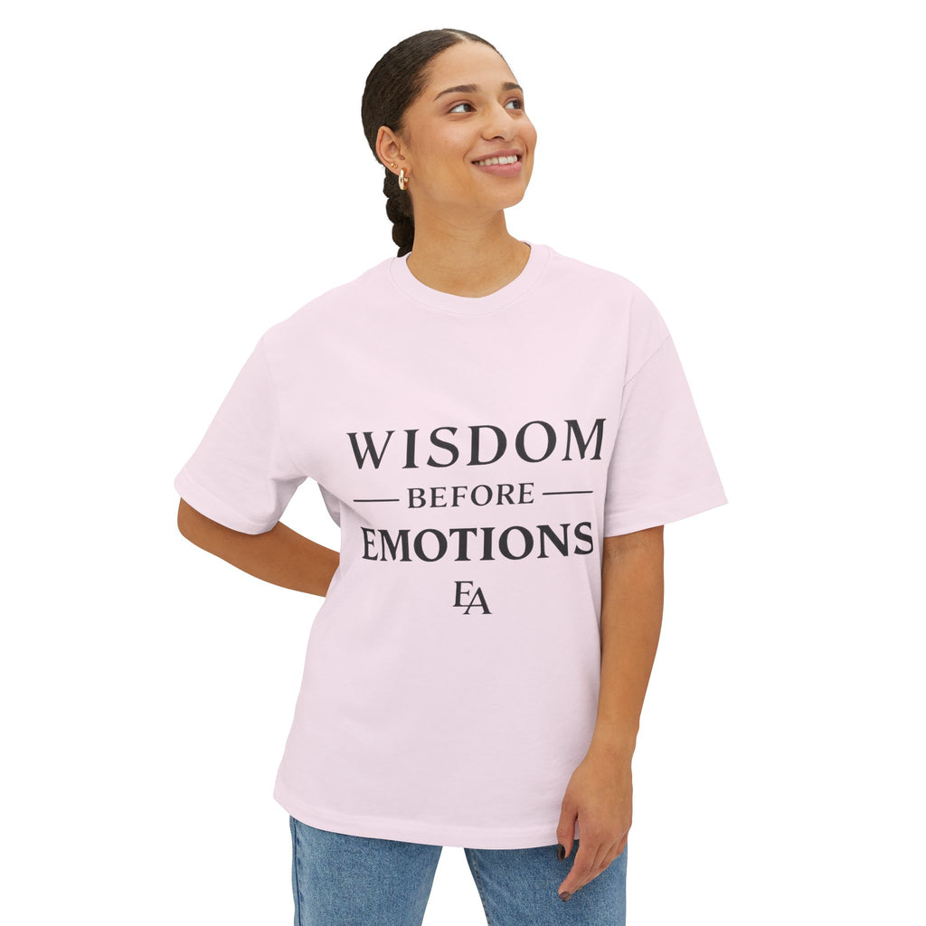 WISDOM BEFORE EMOTIONS - Black letters Unisex Premium Heavy Oversized Christian Tee | EKMA Academy Kingdom Streetwear