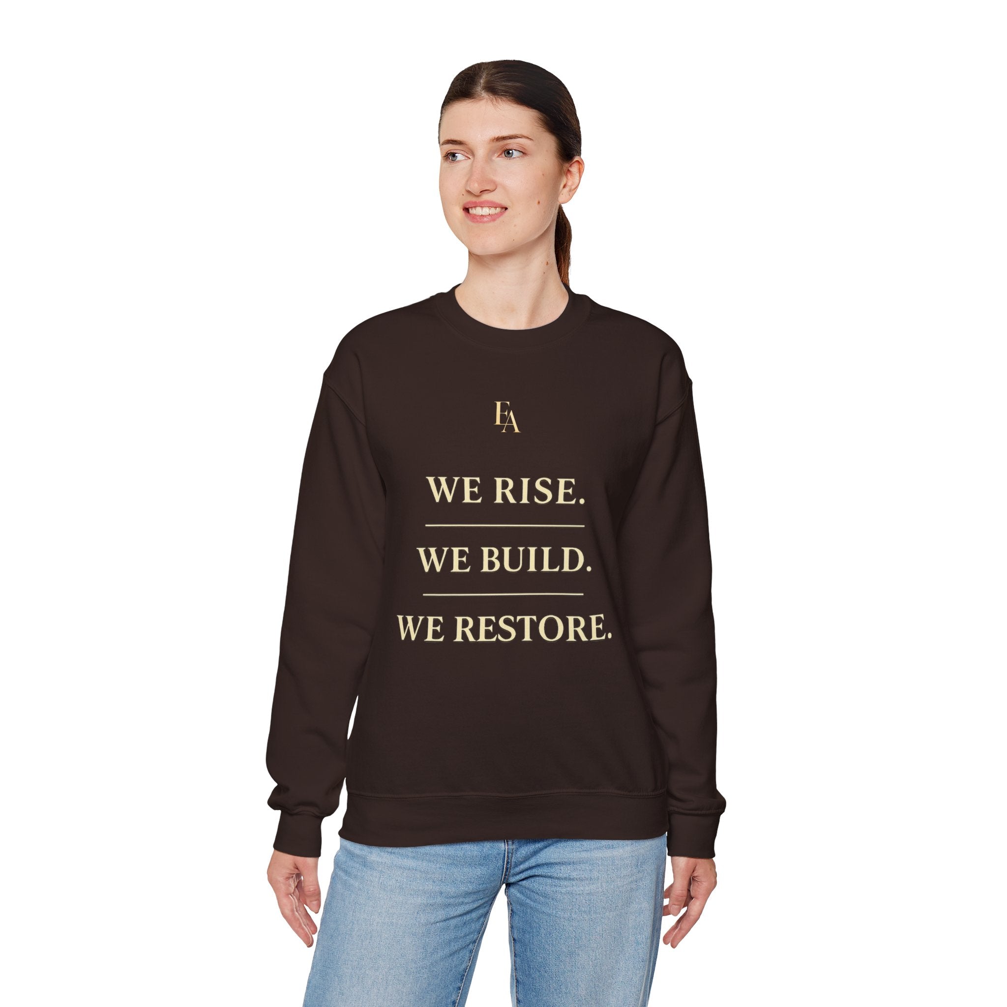 WE RISE. WE BUILD. WE RESTORE. – Premium Oversized Christian Crewneck | EKMA Collection