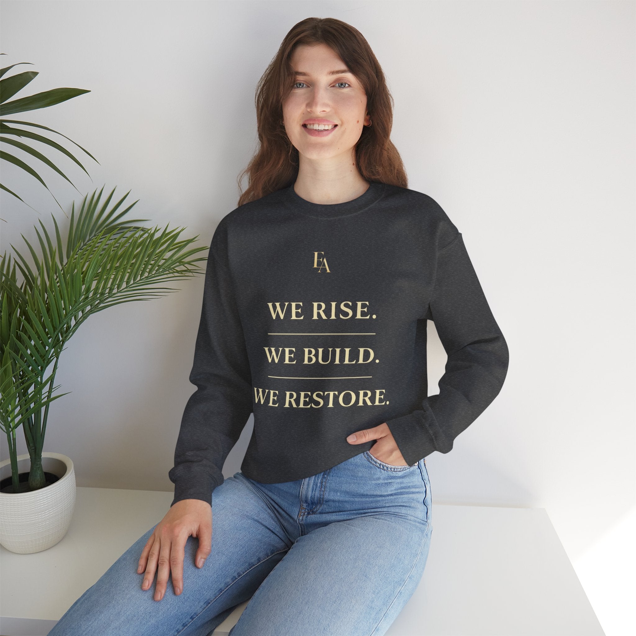 WE RISE. WE BUILD. WE RESTORE. – Premium Oversized Christian Crewneck | EKMA Collection