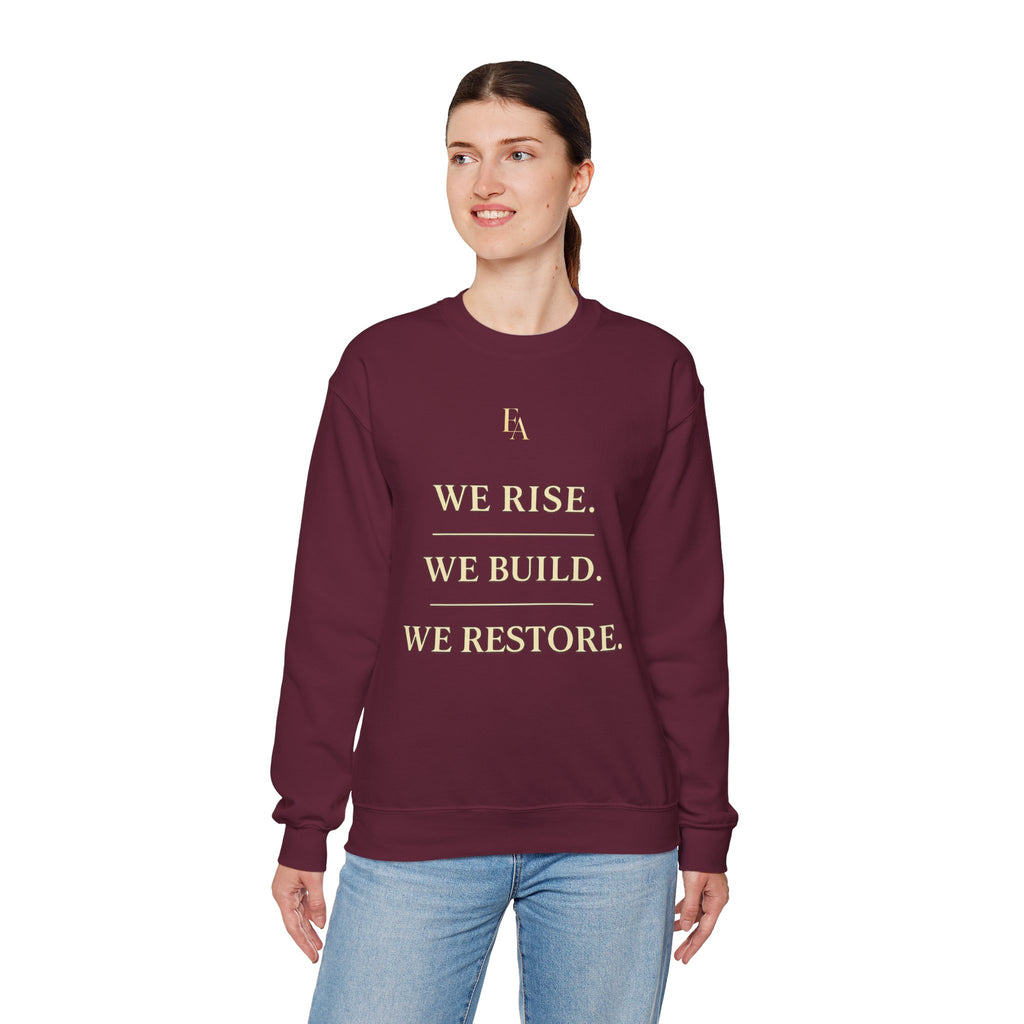 WE RISE. WE BUILD. WE RESTORE. – Premium Oversized Christian Crewneck | EKMA Collection