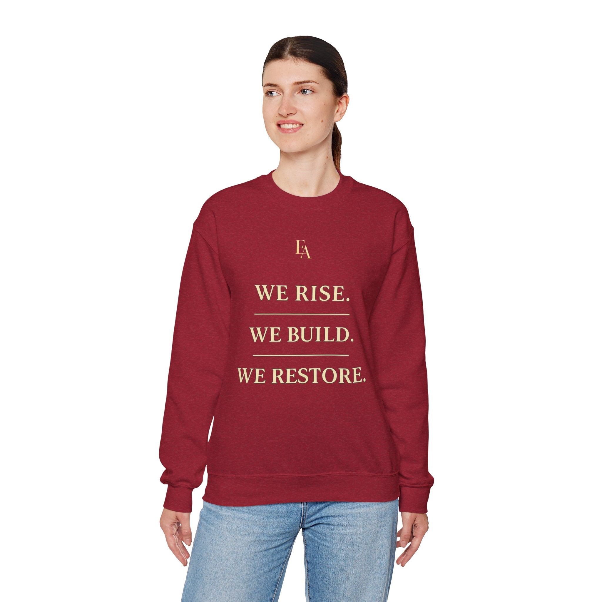 WE RISE. WE BUILD. WE RESTORE. – Premium Oversized Christian Crewneck | EKMA Collection