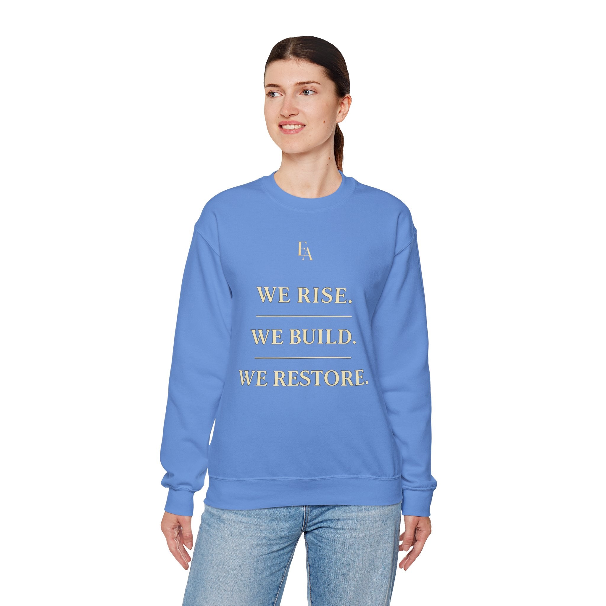 WE RISE. WE BUILD. WE RESTORE. – Premium Oversized Christian Crewneck | EKMA Collection