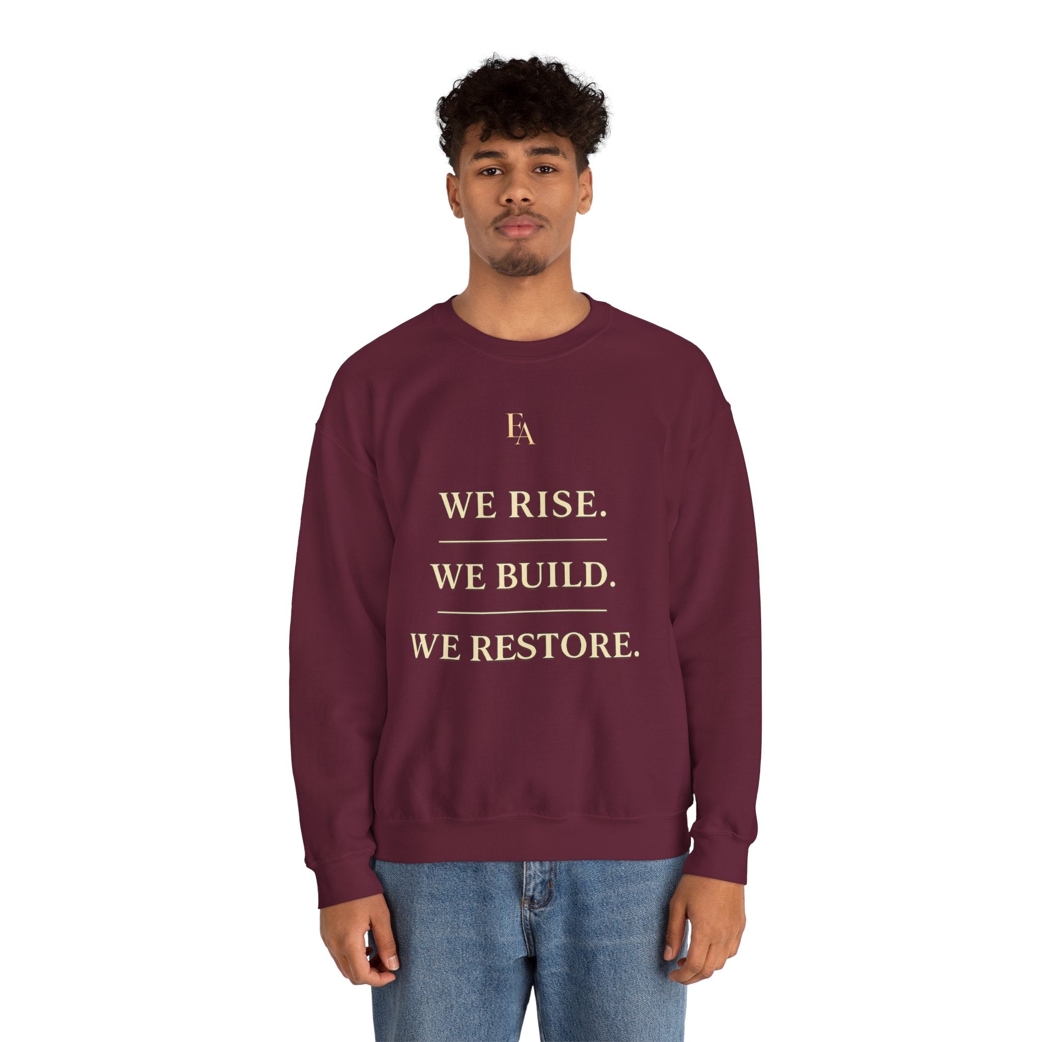 WE RISE. WE BUILD. WE RESTORE. – Premium Oversized Christian Crewneck | EKMA Collection