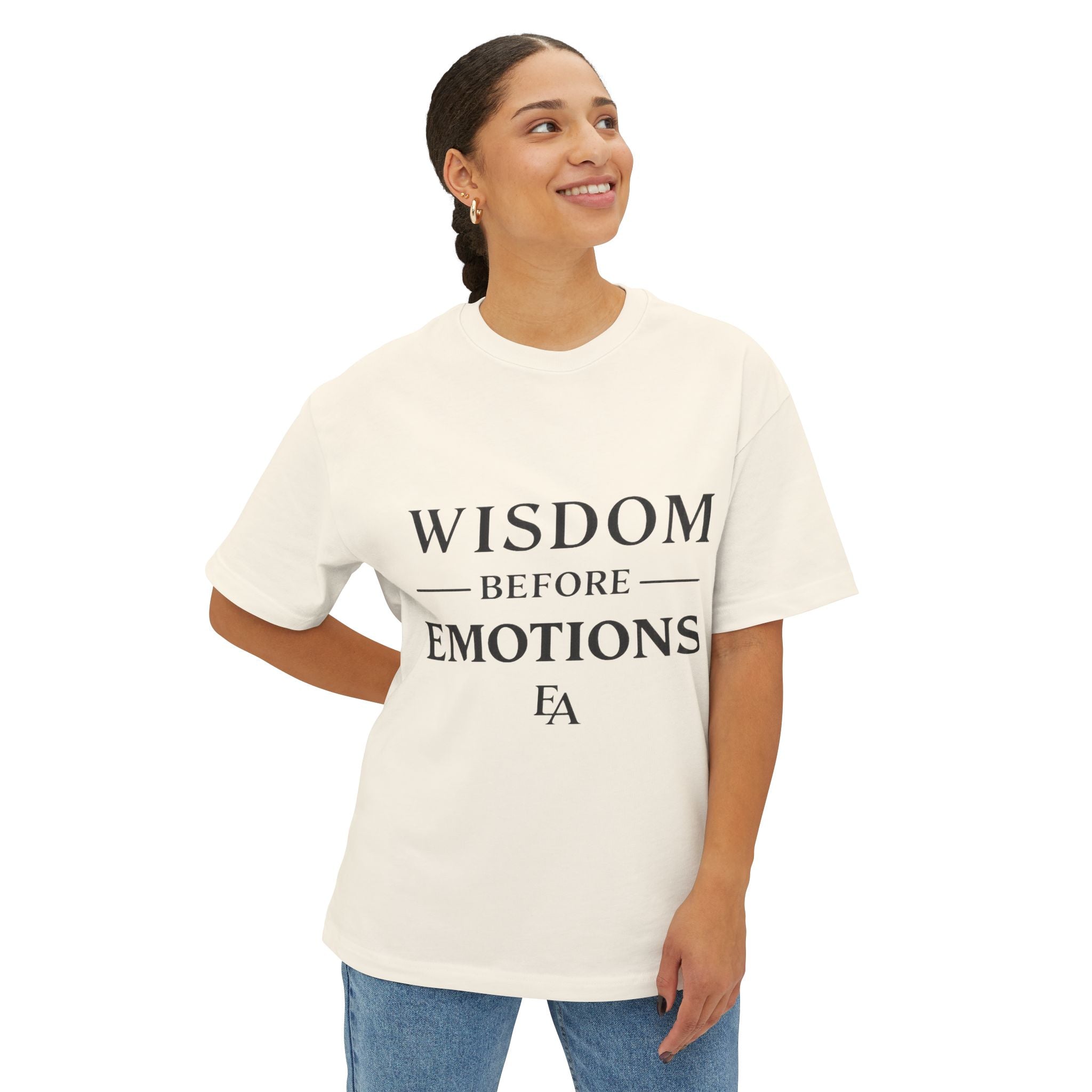 WISDOM BEFORE EMOTIONS - Black letters Unisex Premium Heavy Oversized Christian Tee | EKMA Academy Kingdom Streetwear