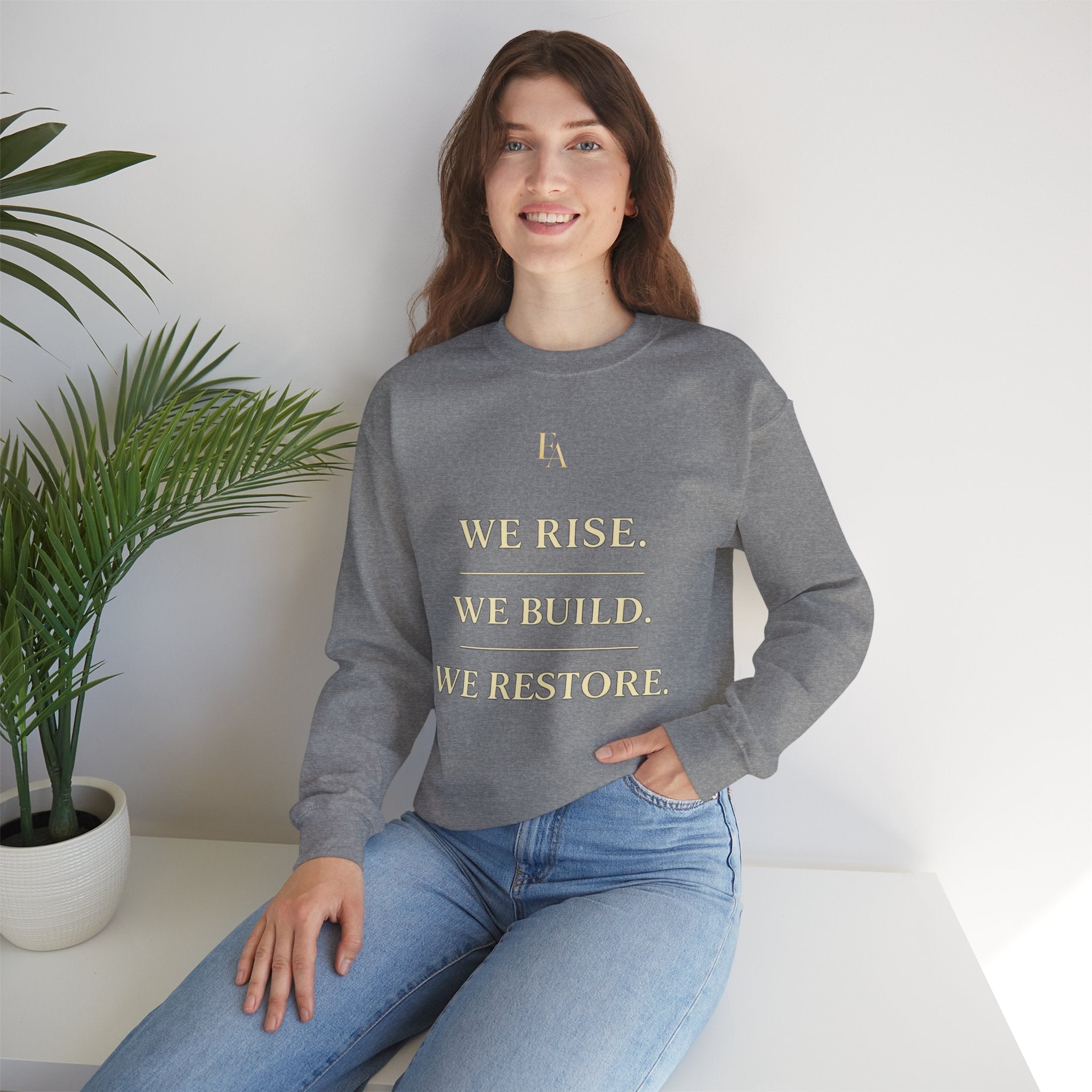 WE RISE. WE BUILD. WE RESTORE. – Premium Oversized Christian Crewneck | EKMA Collection