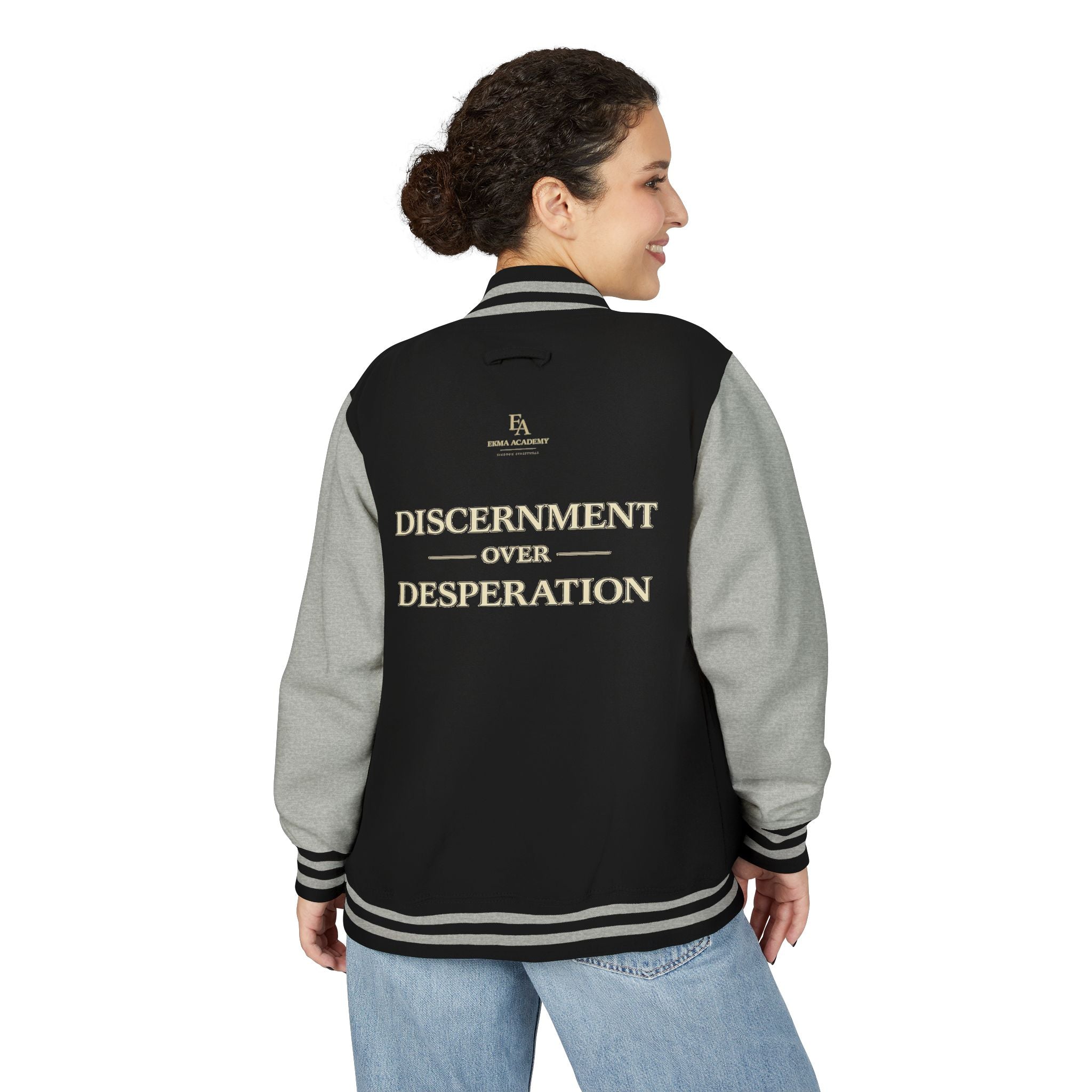 Discernment Over Desperation – Unisex Heavyweight Letterman Jacket | EKMA Academy Kingdom Streetwear