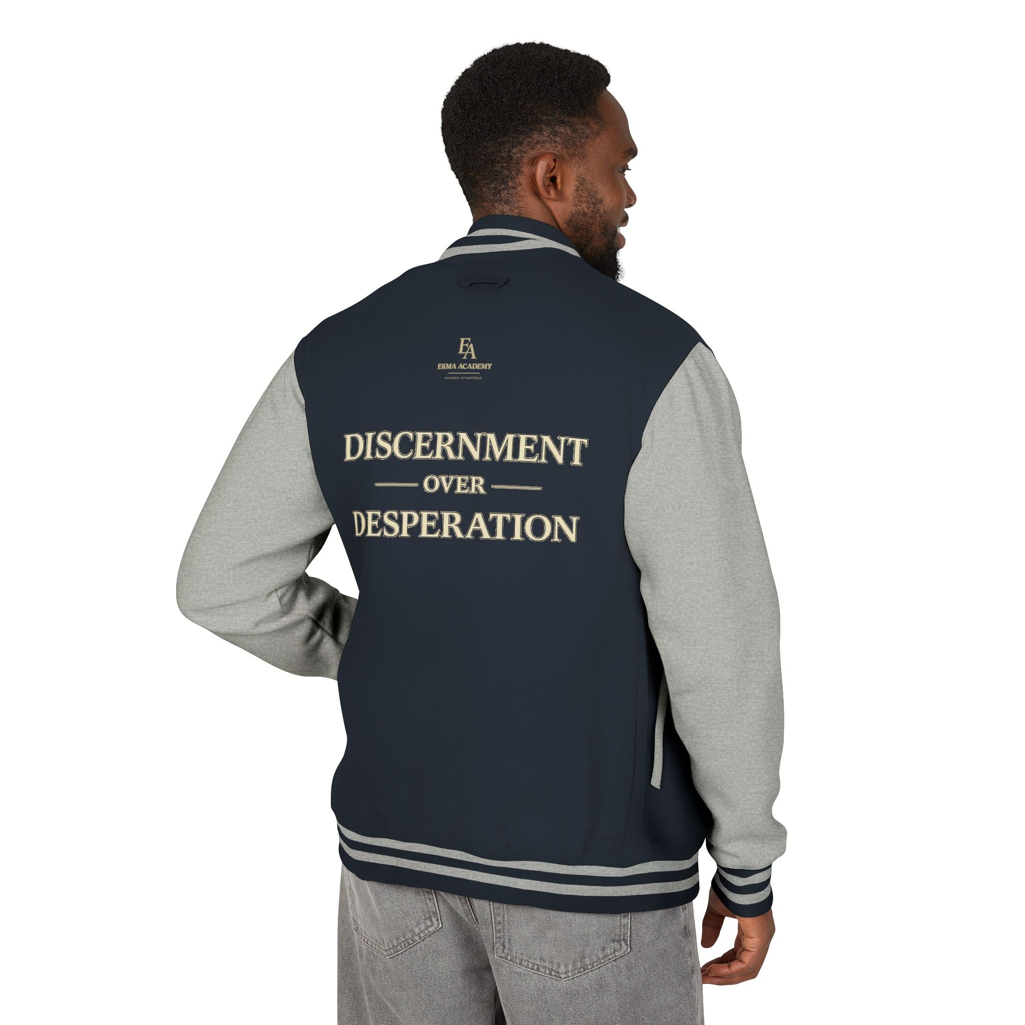 Discernment Over Desperation – Unisex Heavyweight Letterman Jacket | EKMA Academy Kingdom Streetwear
